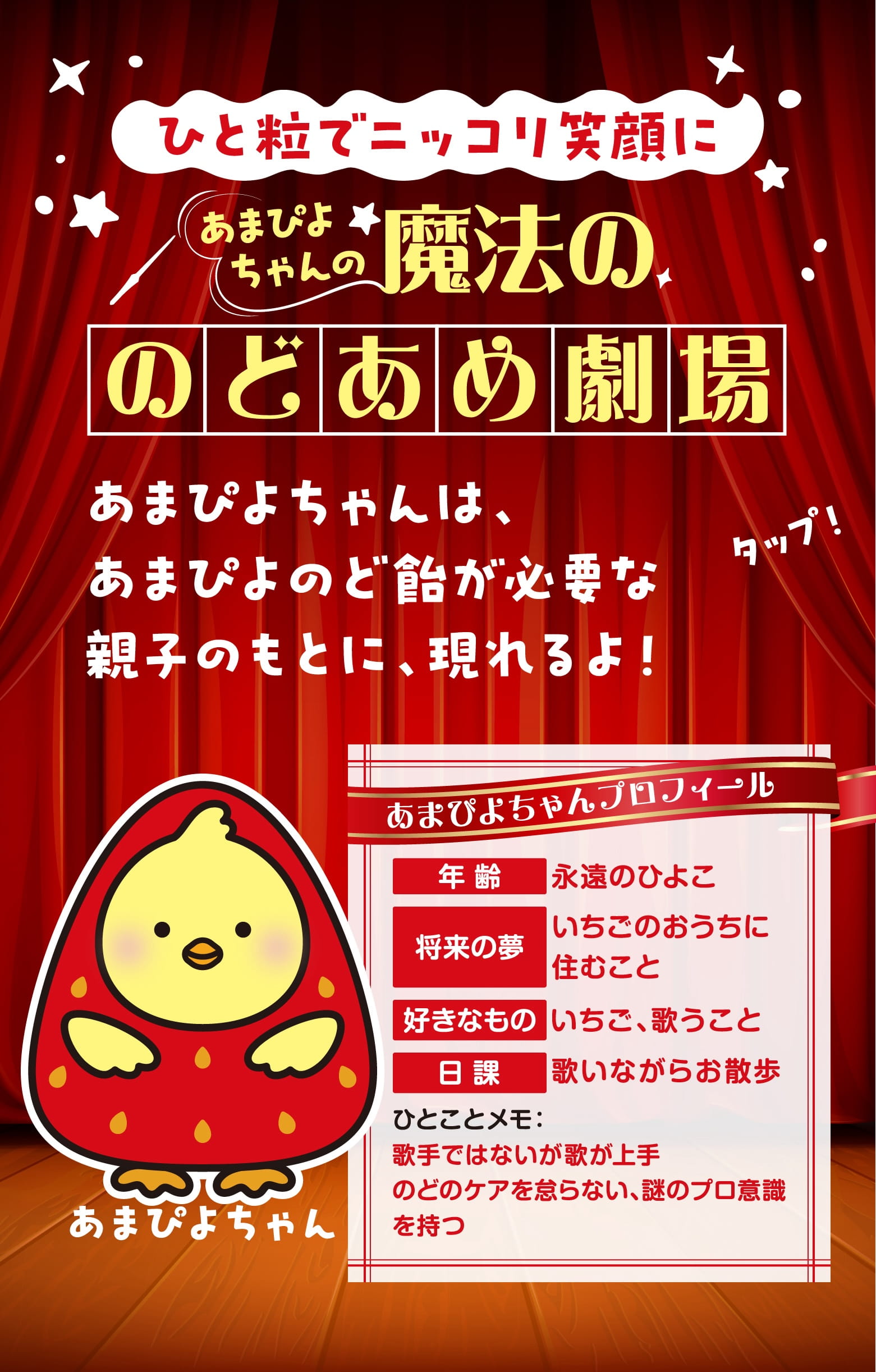 あまぴよちゃんの魔法ののどあめ劇場 あまぴよちゃんは、あまぴよのど飴が必要な親子のもとに、現れるよ！ 年齢 永遠のひよこ 将来の夢 いちごのおうちに住むこと 好きなもの いちご、歌うこと 日課 歌いながらお散歩 ひとことメモ：歌手ではないが歌が上手のどのケアを怠らない、謎のプロ意識を持つ